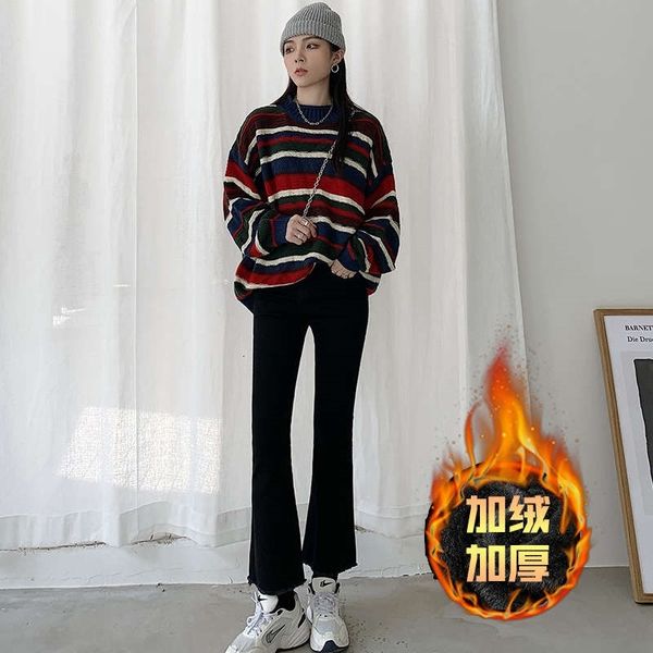 

women's jeans cashmere h korean black waisted flared pants with high elasticity and thin appearance r530, Blue