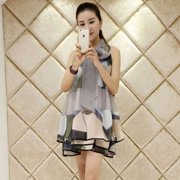 

2020 summer organza fashion printed sleeveless dress korean loose a-line baby 1457, Black;gray