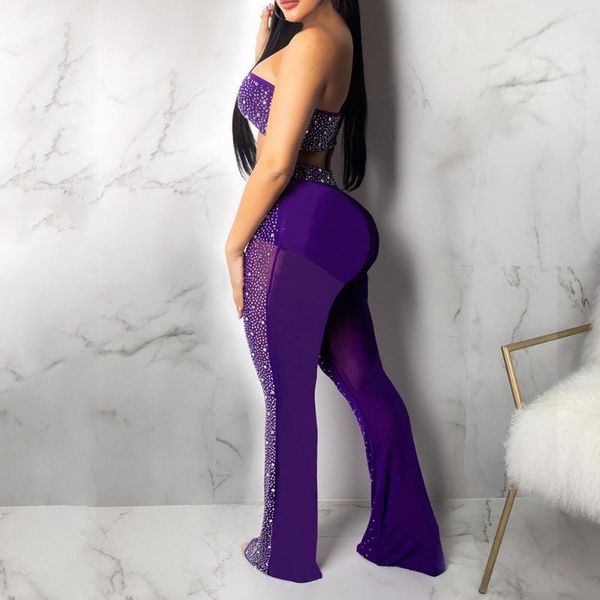 

two piece dress women set purple party sleeveless tube and wide legs long pants see through trousers causal suit club wear, White