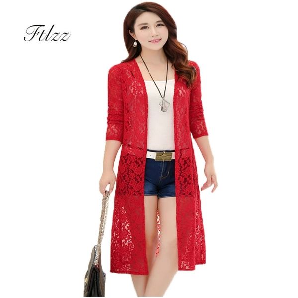

summer long sleeve thin lace jacket women casual medium cardigan ladies slim white black outerwear plus size coat 210525, Black;brown
