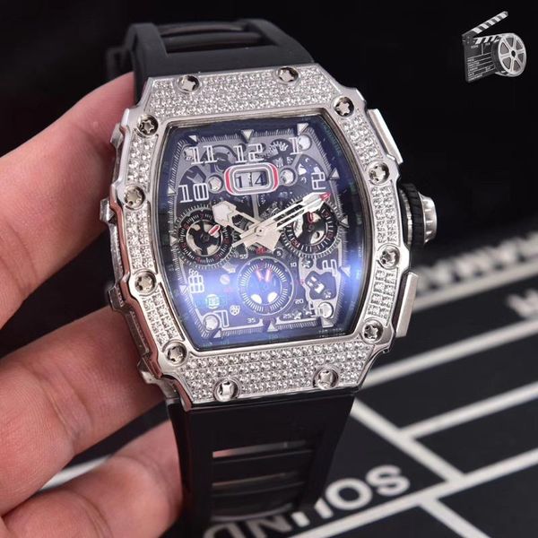 

wristwatches black red rubber men watch sapphire automatic mechanical silver grey full iced diamond tourbillion calendar, Slivery;brown