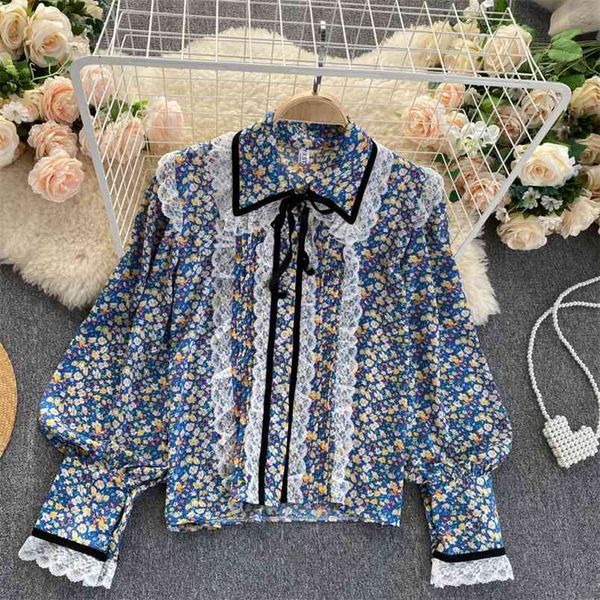 

spring autumn sweet lace stitching retro floral shirt women's bubble sleeve loose all-match women blouses uk808 210506, White