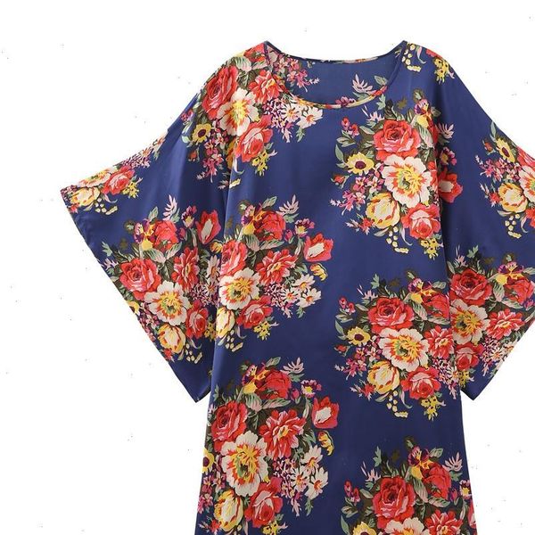 

print flower nigtdress casual loose women sleepwear nightgown silky soft satin kimno bathrobe gown half sleeve home dressing, Black;red