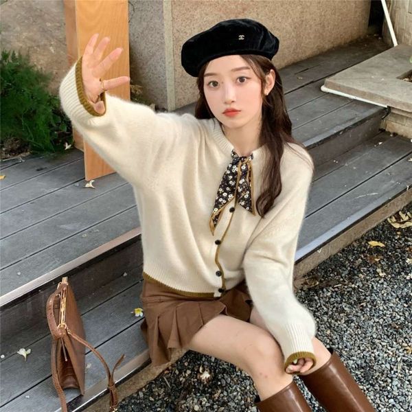 

silk scarf lace up v-neck cardigan sweater autumn gentle small fragrance knitted jacket, White;black