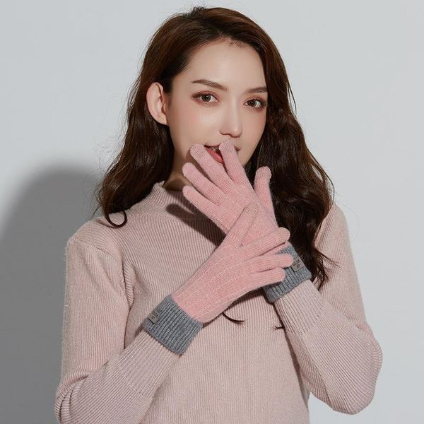 

five fingers gloves design cashmere knitted autum winter soft warm outdoor plus velvet thick cute lamb wool ladies, Blue;gray