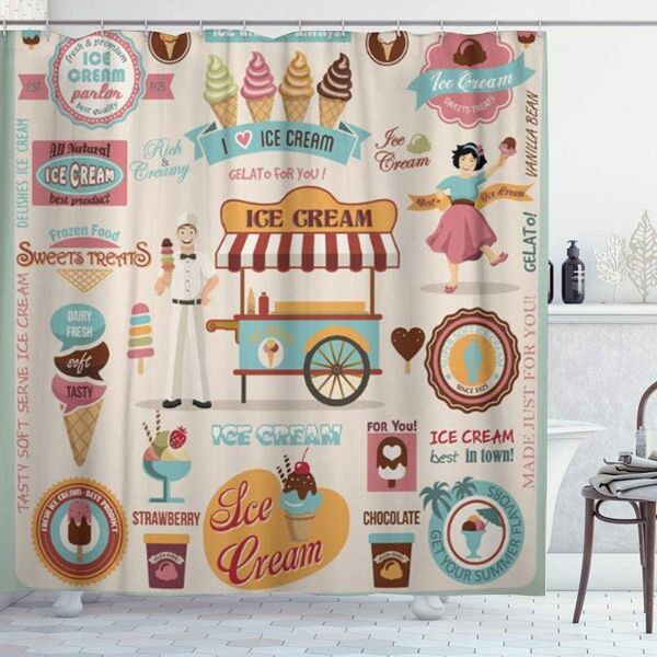 

shower curtain set with 12 hooks,brown cone collection of ice cream sweet retro dessert,polyester fabric waterproof bath