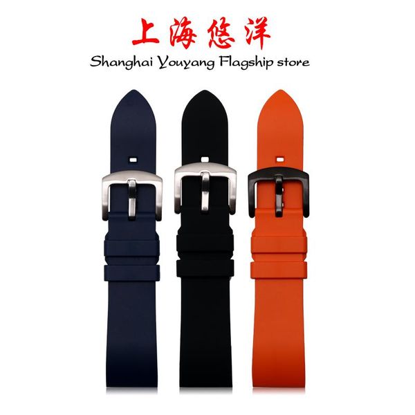 

watch bands non-stained fluoro rubber strap, fit flat interface watchbands, waterproof men's chain butterfly buckle 22mm, Black;brown