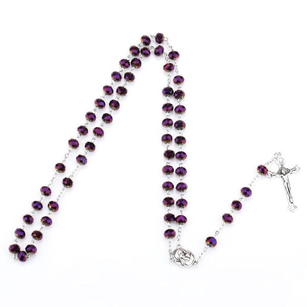 

chains purple crystal beads rosary necklace catholic virgin holy land baby christian jesus cross necklaces religious jewelry, Silver