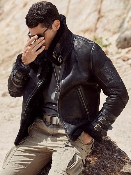 

men's leather & faux shearling coat mens b3 bomber jacket black short fur sheepskin winter coats