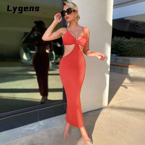 

casual dresses lygens sleeveless backless adjustable strap bodycon club solid hollow out women clothing 2021 summer fashion, Black;gray