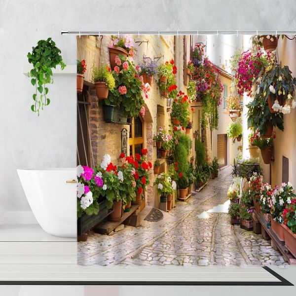 

shower curtains garden street view curtain flowers plants pastoral theme home decor waterproof bath wall decoration with hooks