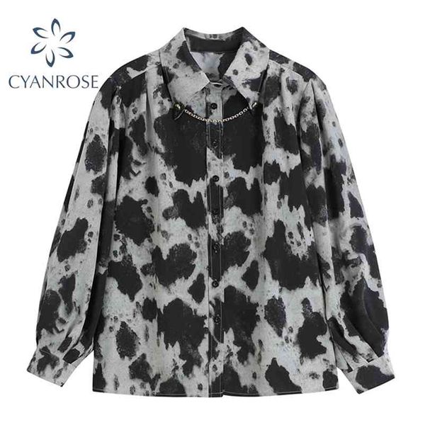 

tie dye gothic punk blouses and shirts women spring long sleeve chain collar blusas fashion streetwear goth cardigan 210430, White