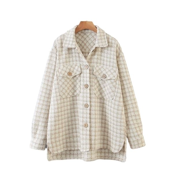 

plaid women sweet tweed shirt summer fashion ladies soft thick shirt elegant female oversize khaki girls chic shirt 210409, White