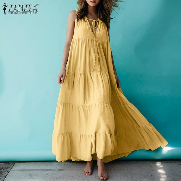 

casual dresses 5xl zanzea women sleeveless dress 2021 summer ruffle maxi vestidos solid lace up long sundress lady v-neck robe oversize, Black;gray