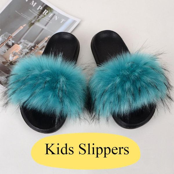

kids faux fur slippers child home comfortable soft flat bedroom girls cute flips flops open toe slides, Black