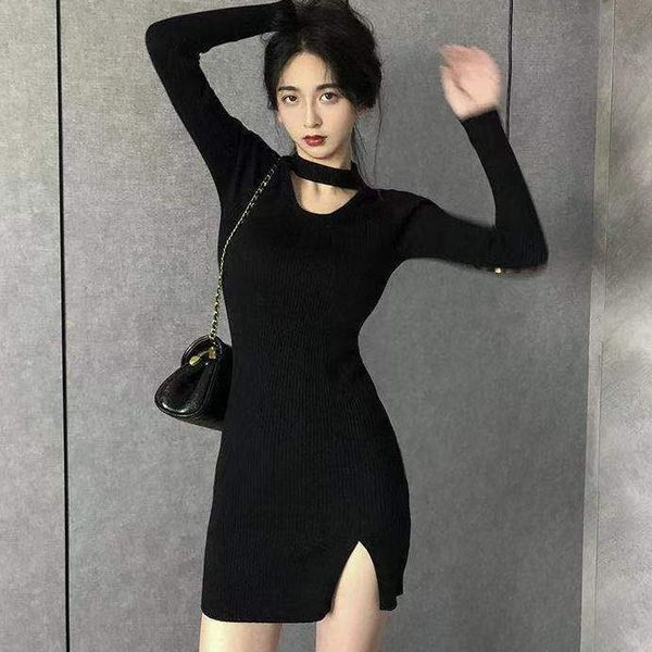 

autumn fashion black long sleeve halter slim dress ladies nightclub party streetwear casual women drop dresses, Black;gray