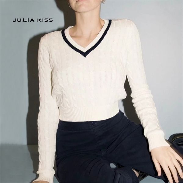 

women knit cotton striped v neck sweater in creme cable pullover crop 210512, White