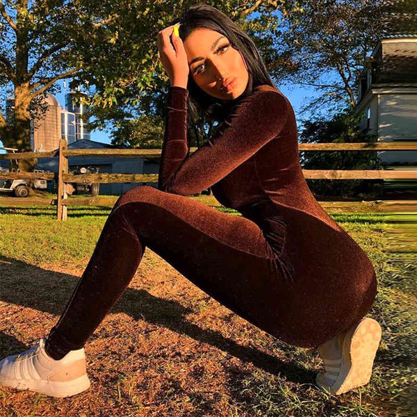 

hawthaw autumn winter women long sleeve velvet zipper fitness bodycon playsuit jumpsuit romper 2021 fall clothes streetwear, Black;white