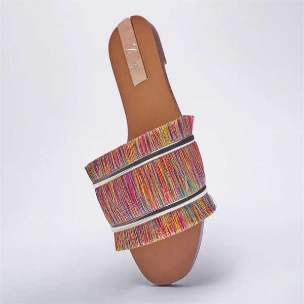 

za family flat slippers 2021 summer new color one line tassel open toe sandals women slipper, Black