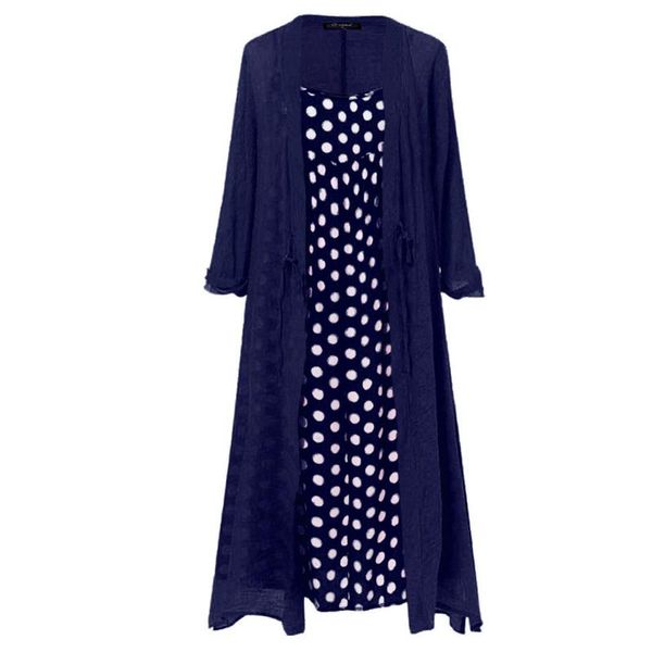 

2pcs cardigan soft long sleeve baggy crew neck autumn polka dot loose casual linen vacation maxi fashion dresses, Black;gray