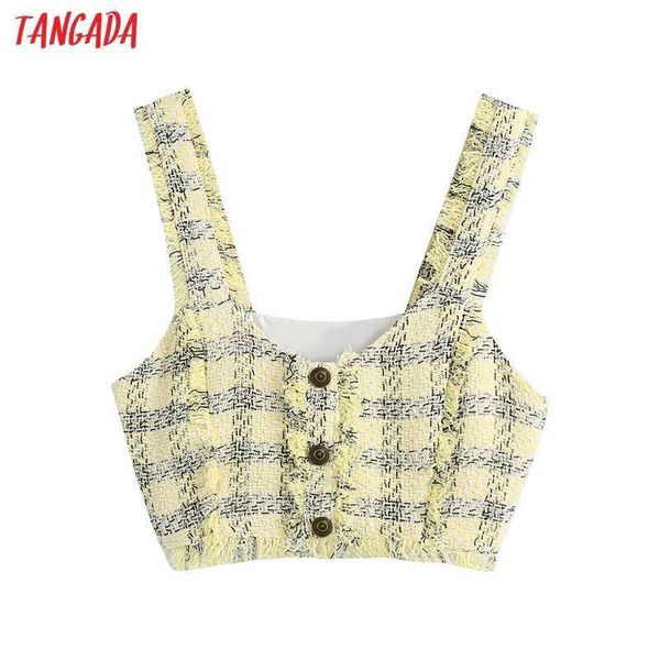 

tangada women yellow plaid tweed tank sleeveless backless female tassel be109 210609, White