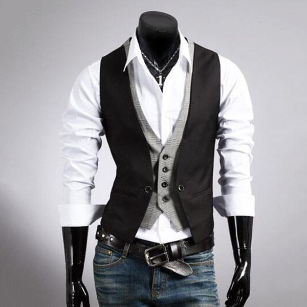 

men's vests men retro waistcoat fake two-piece suit vest formal business cardigan casual office work wear fashion clothes lounge, Black;white