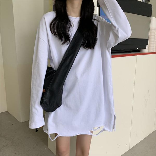 

women's t-shirt 2021 fall hole long-sleeved women loose korean harajuku style round neck youth fashion solid color thin early autumn to, White