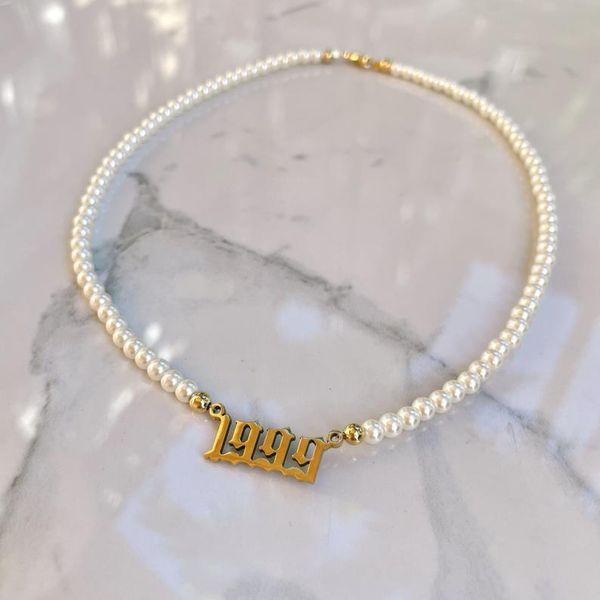 

chokers 1980-2010 gold birth year necklace choker angel pendant charms imitation pearl collier femme bff wedding birthday gift, Golden;silver