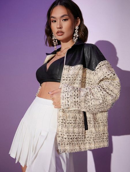 

colorblock zip up overcoat t9le#, Black