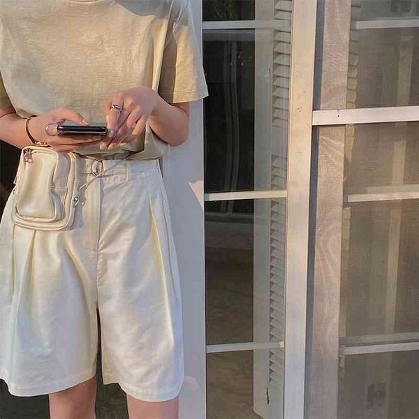 

acme ground korean casual shorts women's straight high waist wide leg capris 12163, Black