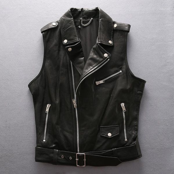 

men's vests genuine 2021 leather soft sheepskin motorcycle biker slim fit short youth vest male brand black sleeveless jacket, Black;white