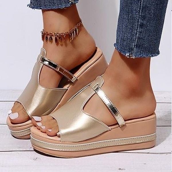 

slippers women's round toe thick-soled heightening sandals 2021 summer solid color open-toed casual shoes comfortable light beach, Black