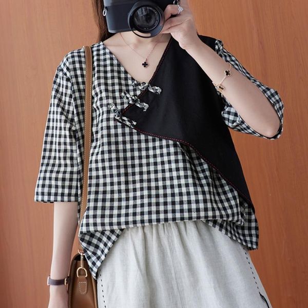

women's blouses & shirts and shirt 2021 summer loose fat mm chinese plaid splicing v-neck middle sleeve large dress, White