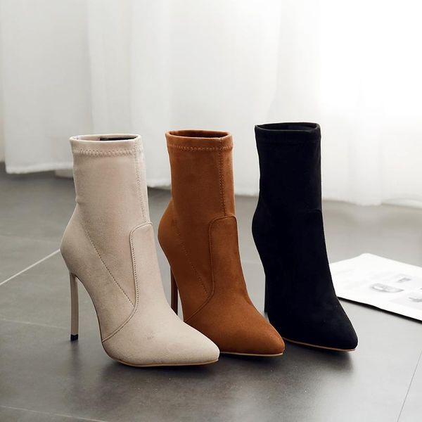 

boots bottes pour femmes elastic fabric women ankle fashion pointed toe stiletto solid color high heels winter shoes for, Black