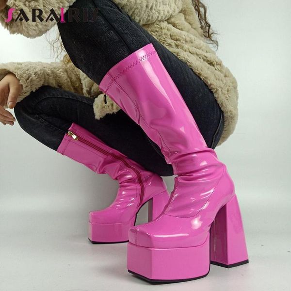 

boots large size 43 fashion women's platform chunky high heels long ladies party block shoes woman, Black