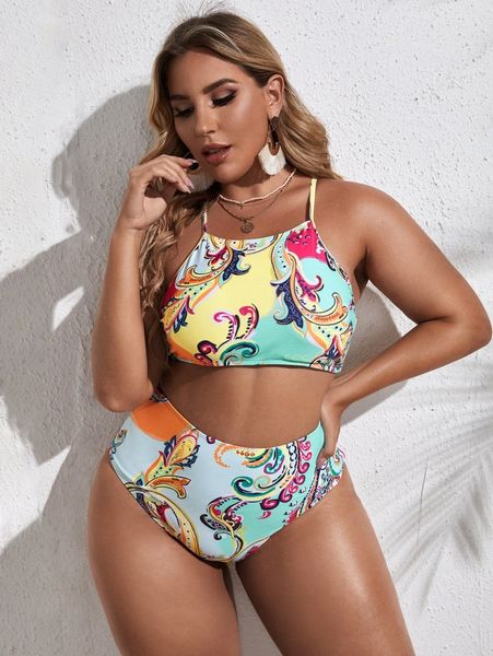 

plus plant print high waisted bikini swimsuit e98j#, Black