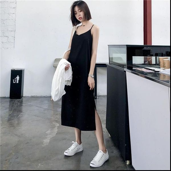 

maxi black sling womens dresses summer sleeveless v neck vest long, Black;gray