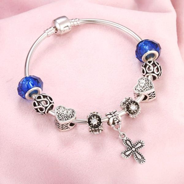 Preghiera Bracciale da donna Versare lega Croce Fascino Gemma blu Perline Cuore Donna Catena antica Braccialetti a scatto Braccialetti Gioielli Ragazza Regalo Braccialetto