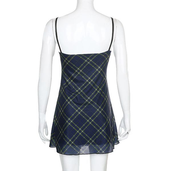 

2021allneon e-girl 90s spaghetti strap bandage front ruffles plaid dresses vintage mesh v-neck backless a-line mini dress partywear, Black;gray