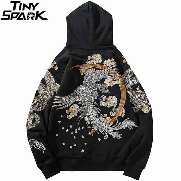 Mens Hip Hop Streetwear Hoodie Capuz Chinês Dragão Phoenix Bordado Pullover Outono Algodão Floral Sweatshirt 210813