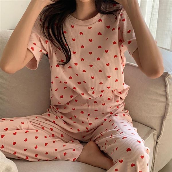 

heart lovely print summer women sleepwear pajamas set o neck short sleeve sweet pink home clothes cotton homewear, Black;red