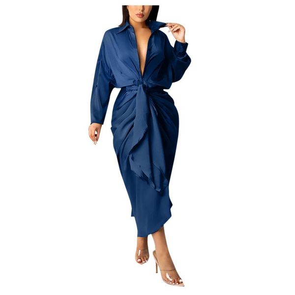 

casual dresses spring autumn fashion women's pleated solid long dress v neck lapel sleeve daily ankle-length, Black;gray