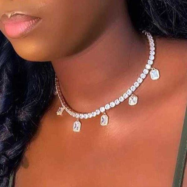

designer necklace luxury jewelry stonefans simple rhinestone tennis chain statement for women gold charm crystal square pendant party, Silver