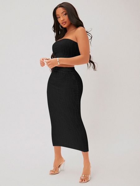 

sxy textured crop tube & pencil skirt set f4uw#, White