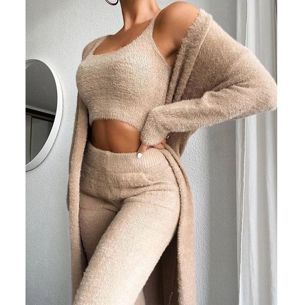 

women's two piece pants lugentolo plush cardigans + short vest trousers three-piece suit women fall winter fashion loose casual flockin, White