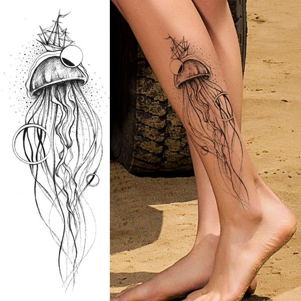

temporary tattoos large jellyfish stickers for women girls body art big arm leg tatoo sheet paper black geometric tattoo