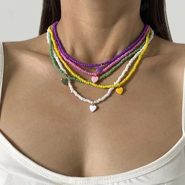 

bohemia coloful bead chain necklaces vintage acrylic color love heart pendant necklace for women party jewelry accessories gift, Silver