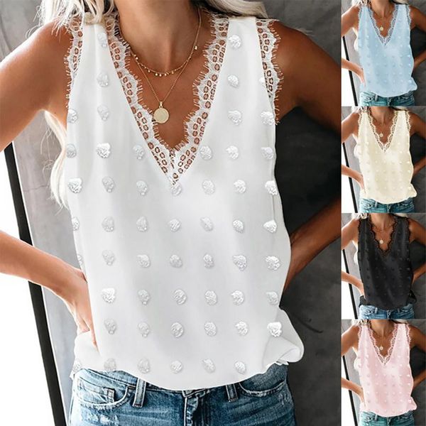 

women's t-shirt ladies fashion casual lace vest loose v-neck embroidered pullover sleeveless 2021 zaraing camisetas de mujer women clot, White