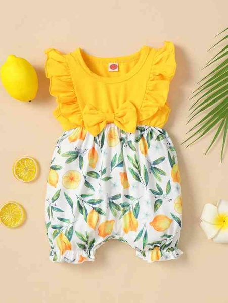 

baby lemon print ruffle trim bow front romper she, Blue