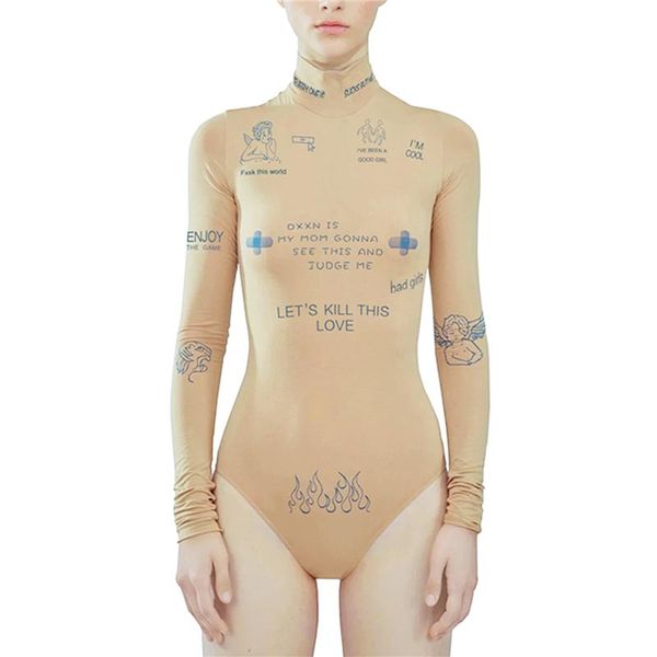 

women's jumpsuits & rompers 2021 woman's letter cartoon print slim jumpsuit turtleneck long sleeve elastic one-piece daily life ro, Black;white